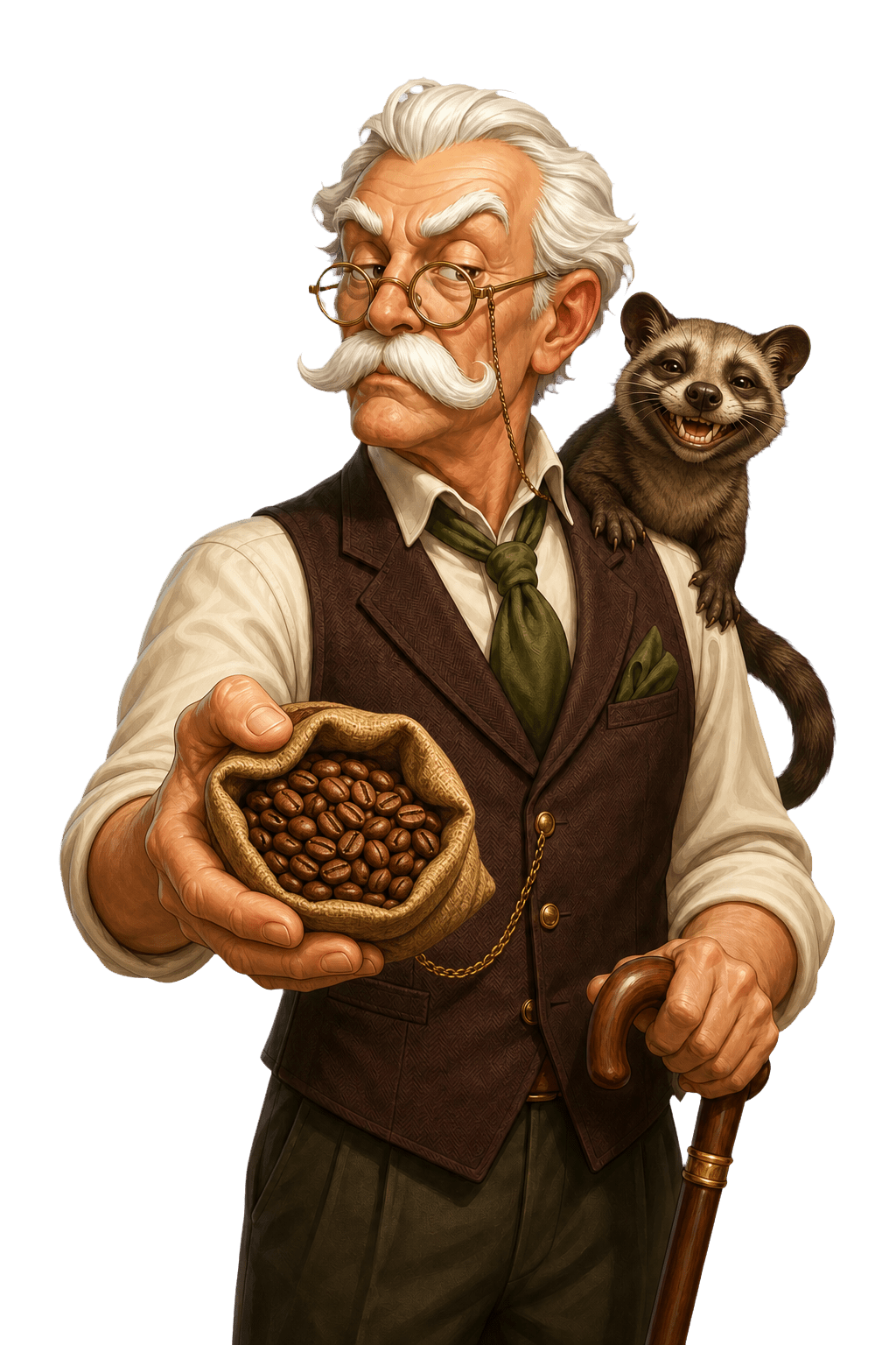 Mr. Luwak offering a bag of fresh coffee beans